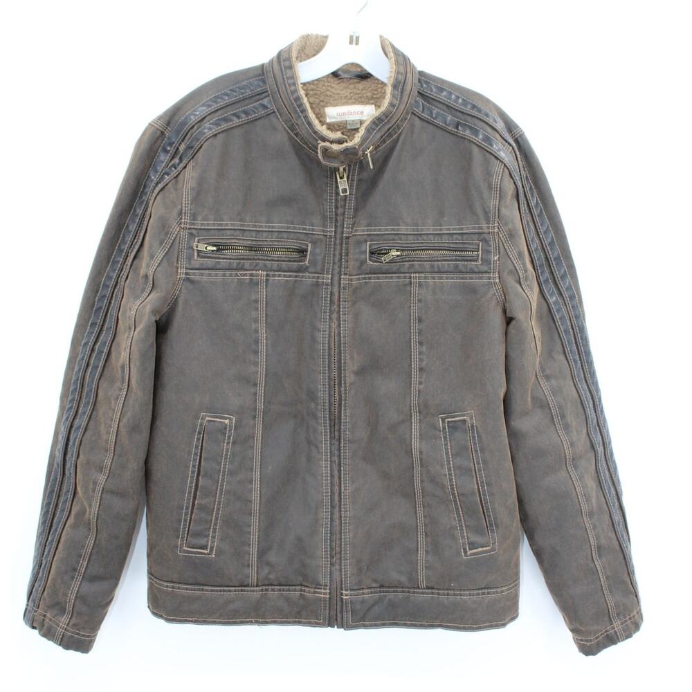 VTG Sundance Mens Small Faux Leather Moto Jacket Distressed Brown